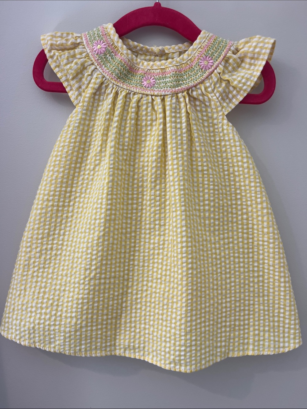 Good Lad Yellow Gingham Dress with Pink Floral Smocking